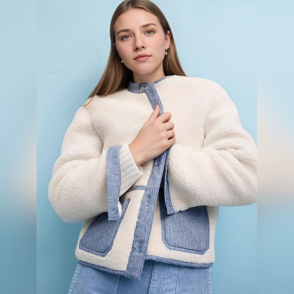 Women's Cream and Blue Teddy Jacket